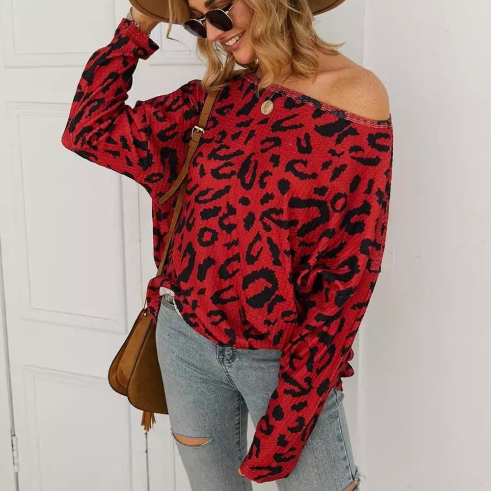 CLEARANCE Red Leopard Waffle Off Shoulder Long Sleeve Top - Picture 2 of 3